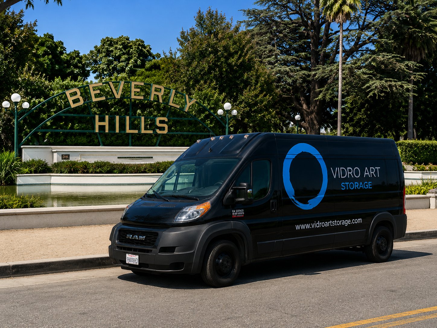 Vidro Art Storage delivery van at the iconic Beverly Hills sign, providing white-glove pickup and delivery for Beverly Hills collectors