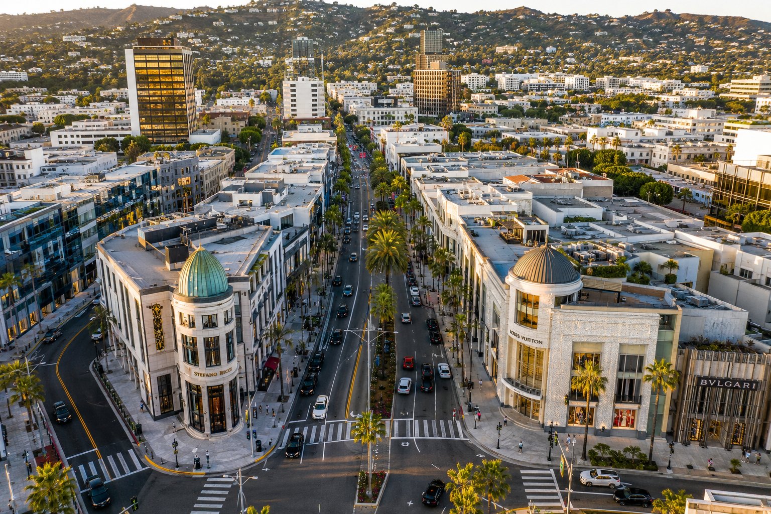 Aerial view of Rodeo Drive and Beverly Hills at golden hour, the upscale Los Angeles neighborhood served by Vidro Art Storage