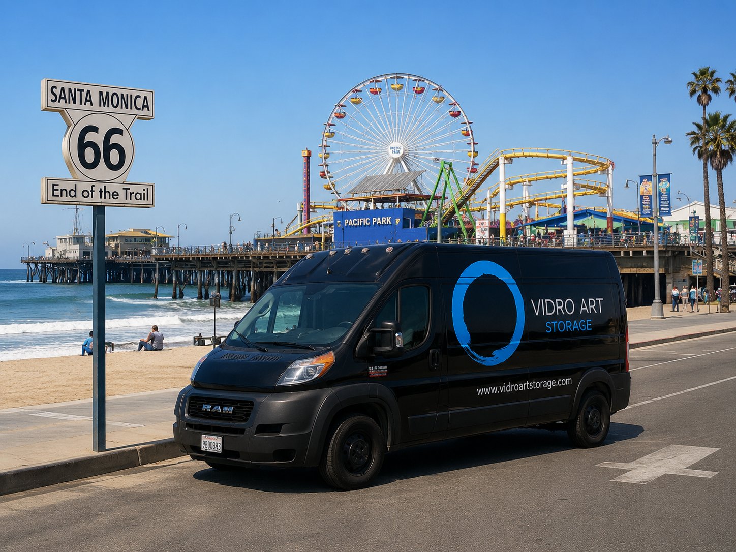 Vidro Art Storage delivery van at the Santa Monica Pier and Route 66 End of the Trail sign, providing white-glove pickup and delivery for Santa Monica collectors