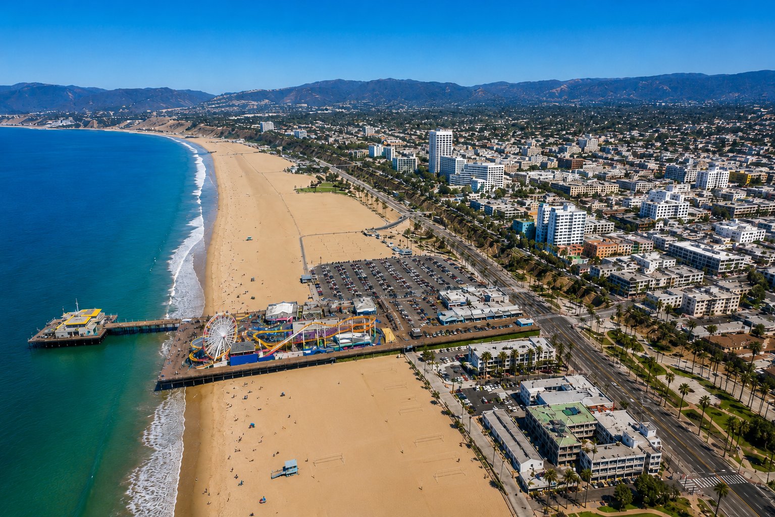 Aerial view of Santa Monica beach, pier, and coastline, the seaside Los Angeles neighborhood served by Vidro Art Storage